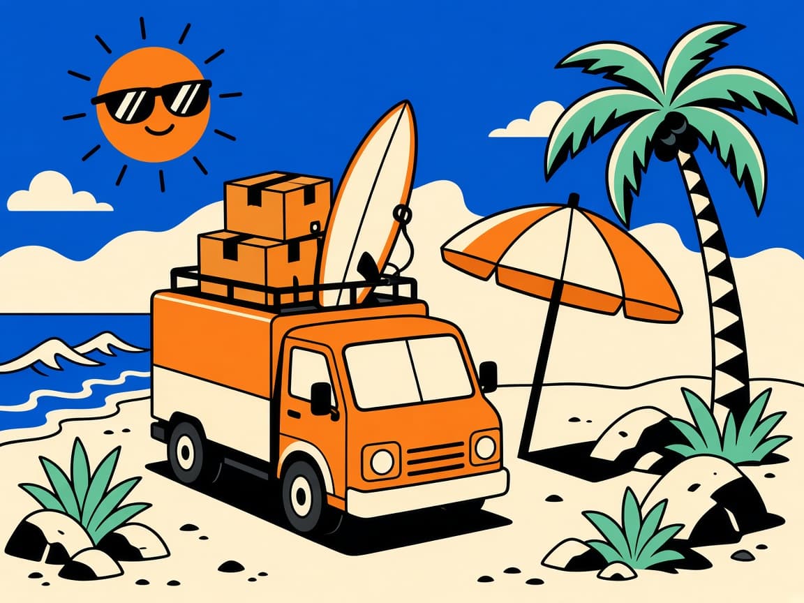 Truk ekspedisi oranye parkir di pantai dengan papan selancar dan paket di atapnya