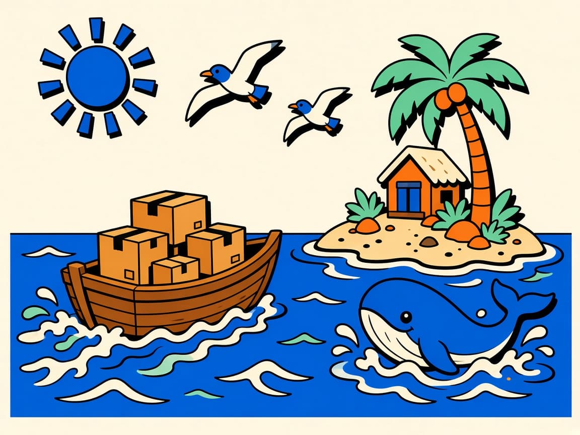 Perahu penuh paket menyeberang laut menuju pulau kecil, ditemani paus